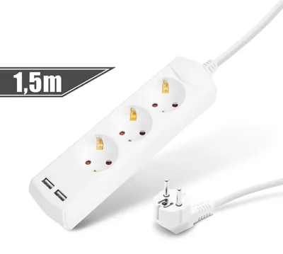 Produktbild von 3-fach Steckdosenleiste - 1,5 m - 2x USB (2,1 A) - Kindersicherung - 250 V - 16 A - Weiß [20201U]