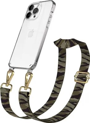 Produktbild von EAZY CASE Handykette - Verstellbarer Trageriemen kompatibel mit Apple iPhone 14 Pro Max, Handykordel mit transparenter Silikon-Hülle, Karabiner Gold, Camouflage Style, Band in Grün