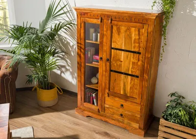 Produktbild von MASSIVMOEBEL24 Vitrine Akazie 110x45x155 honig lackiert OXFORD #0425