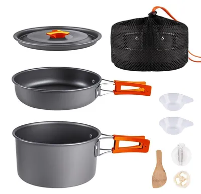 Zdjęcie produktu dla Zestaw naczyń kempingowych, outdoorowy, aluminiowy, pomarańczowy, 8-elementowy, składany, przenośny