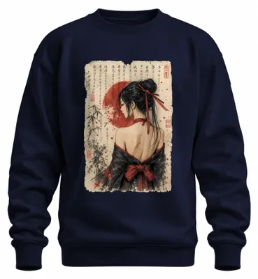 Obrázek produktu pro Japonský kimono gejši, motiv: červené slunce, Japonsko, styl Y2K, sumi-e, ukiyo-e, mikina, svetr, tmavě modrá, velikost M