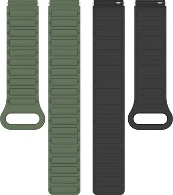 Two watch bands, one green and one black, are laid out side-by-side on a white background.