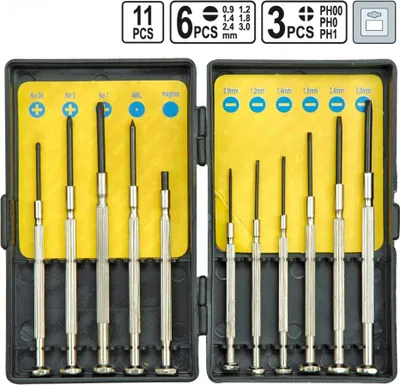 A set of precision screwdrivers laid out in an open case.