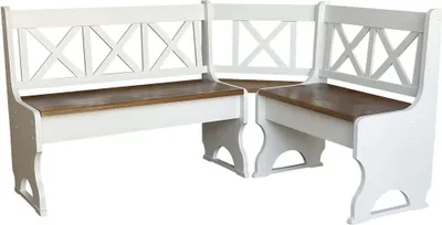 A white corner bench with a brown wooden seat, shown from the front-right.