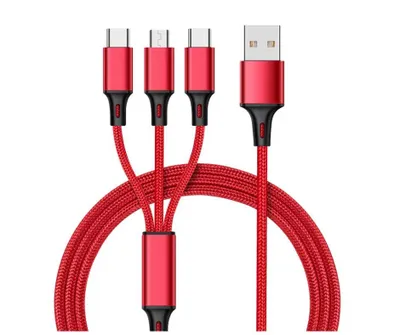 Zdjęcie produktu dla Kabel ładujący 3 w 1 USB-C, Lightning, Micro USB, 1,2 m, czerwony, uniwersalny kabel do szybkiego ładowania