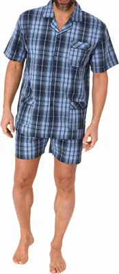 Produktbild von Herren kurzarm Schlafanzug Shorty Pyjama gewebt zum Knöpfen in eleganter Optik ; blau , 48