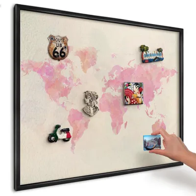 Produktbild von Magnettafel 80x60 cm mit schwarzem Rahmen - Magnetische Metalltafel, Magnetpinnwand zur Wandmontage für Wohnzimmer, Küche, Flur, Kinderzimmer und Büro - Weltkarte