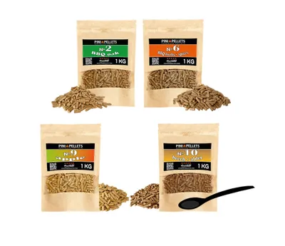 Immagine prodotto di Set di pellet in legno naturale PINI (4 x 1 kg) per barbecue–Scelta tra 4 varietà:Quercia n. 2, Spezie BBQ n. 6, Melo n. 9, Mix Faggio e Ontano n. 10