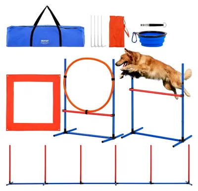 Produktbild von Agility Set für Hunde, 4-teiliges Set mit verstellbaren Hürden, 6 Slalomstangen, Sprungring, quadratischer Pausenbox, Pfeife, faltbarer Schüssel, Hindernisparcours-Set für Welpen