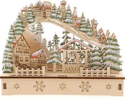 Produktbild von 3D Geschwungener Schwibbogen Lichterbogen Holzschnitt Winterdorf aus Holz zum Stellen mit Licht 14,5*4,5*11cm batteriebetrieben mit On-Off Schalter, Timer Funktion (6h On/18h Off)