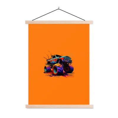 Produktbild von MuchoWow® Textilposter Monstertruck - Neon - Farbe - Orange 60x80 cm mit holzfarbenen Rahmen - Wandbild
