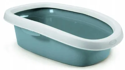 A blue and white cat litter box is shown against a white background.