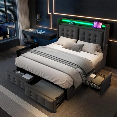 Image de MODFU Lit Coffre 140x200 cm avec 4 Tiroirs de Rangement et Éclairage LED - Lit Double Capitonné avec Ports USB et Type-C - Sans Matelas - Gris