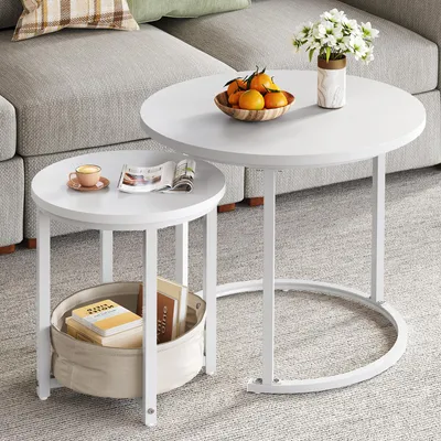 Produktbild von Balconera Couchtisch Rund, 2er Set Nisttisch, Stapelbarer Beistelltisch mit Metallrahmen und verstellbaren für Wohnzimmer, Balkon