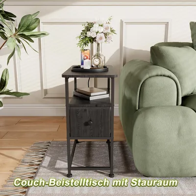 Zdjęcie produktu dla ProximaX Czarny stolik boczny z 1 szufladą i funkcją ładowania - stolik nocny z gniazdkiem i przepustem kablowym, 60×30×62 cm, nowoczesny