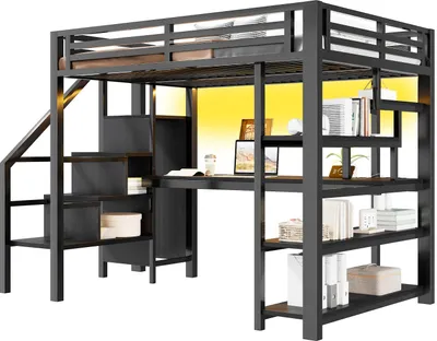 Produktbild von Hochbett mit Schreibtisch, LED-Streifen, Kleiderschrank, Regal, Treppe, Steckdose, USB, Rausfallschutz, 140x200cm, Kinderbett, Metallbett
