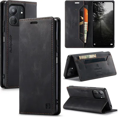 A collage of images showing a black leather phone case for a Redmi 13C/Poco C65.