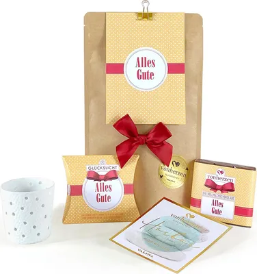 Produktbild von VONHERZEN Geschenkset "Kleine Auszeit" | Alles Gute | Tolles Set für Entspannung und Glücksmomente | Glückskerze, Schokolade, Teelichthalter & Karte