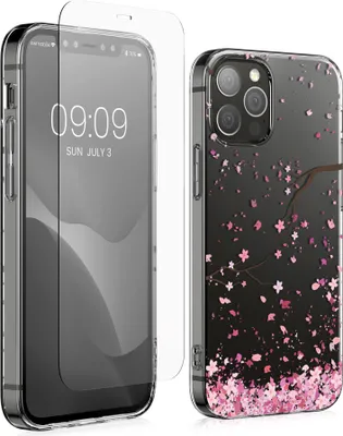 Produktbild von kwmobile Hülle kompatibel mit Apple iPhone 12 / iPhone 12 Pro Handyhülle - Silikon Case transparent - Mit Glas Schutzfolie - Kirschblütenblätter Rosa