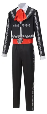 Produktbild von Mariachi-Kostüm für Herren - Día-de-los-Muertos-Kostüm - Jacke mit Totenkopfstickerei - Hose - Rote Fliege - Polyester - Größe L