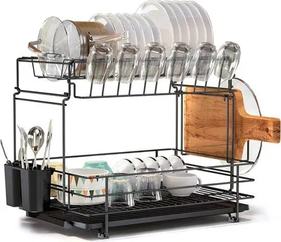 Productafbeelding van Unyqoos® Afdruiprek voor servies, 2-laags, met ruimte voor bestek en snijplank, afdruipbak, tot 10 kg, 22,4 x 13,1 x 14,3 inch, zwart (ijzer)