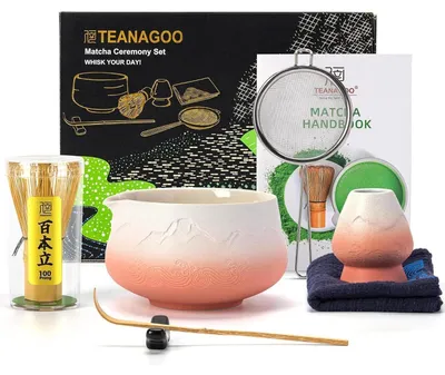 Productafbeelding van Matcha-set, 7-delig, keramiek, bamboe, kleurverloop van oranje naar wit, met schenktuit en zeef