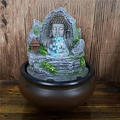 Produktbild von Tischbrunnen mit Buddha-Motiv für Innenräume – Kunstharz-Wasserspiel mit Wasserfall, Zen-Brunnen für das Büro und kleine Dekoration für die Zen-Meditation