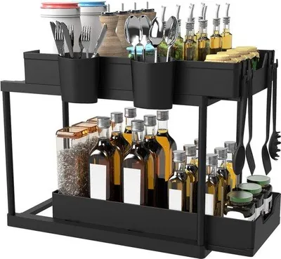 Produktbild von Flexibler 2-teiliger Bodensteine-Organizer mit 4 Haken und 2 Bechern, Bad- und Küchen-Organisator, Schwarz, abziehbar