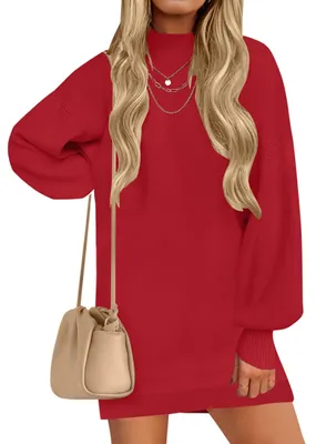 Immagine prodotto di ZESICA, abbigliamento da donna, collezione autunno 2025: abito a maglia con collo alto, taglio ampio, maniche lunghe a sbuffo