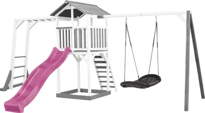 Produktbild von AXI Beach Tower Spielturm aus Holz in Weiß & Grau | Spielhaus für Kinder mit lila Rutsche, Klettergerüst, Nestschaukel und Sandkasten | Stelzenhaus für den Garten