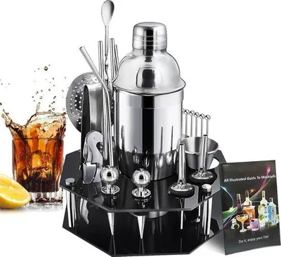 Produktbild von Unyqoos® Cocktail-Set 24-teilig – 750 ml Cobbler-Shaker, Barzubehör aus gebürstetem 304 Edelstahl mit 360° Acryl-Stand, Komplettset für Barkeeper