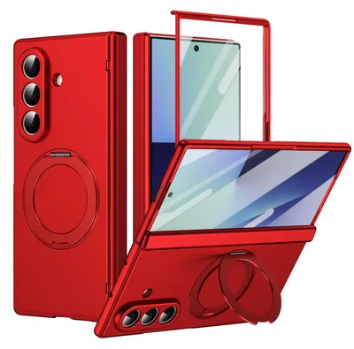 Produktbild von Magnetische Hülle für Samsung Galaxy Z Fold 7, mit Displayschutzfolie, Scharnierschutz mit Ringhalter und Ständer Rot