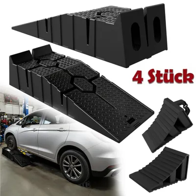 Produktbild von LARS360 4er Auffahrrampe + 4 Unterlegkeile, PP-Kunststoff, rutschfest, 5 t Tragfähigkeit, Radkeile Set für PKW, Wohnmobil, Anhänger – schwarz + schwarz