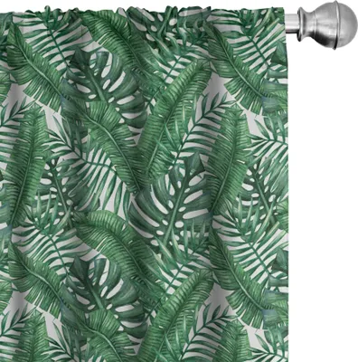 Image de ABAKUHAUS Rideaux en feuilles de palmier, voilages, motif aquarelle représentant des feuilles de palmier, aspect jungle tropicale, 2 pièces 75 x 225 cm, vert forêt blanc