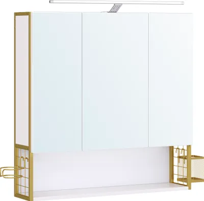 Produktbild von VASAGLE Badezimmerschrank mit 3 Türen, Spiegelschrank, Wandschrank, Stecker, Hängekorb, Haartrockner-Halter, viel Stauraum