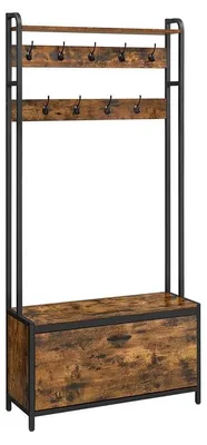 Zdjęcie produktu dla Wieszak na ubrania z szafką na buty i ławką – styl industrialny – kolor brązowo-czarny – wymiary: 30 x 85 x 180 cm