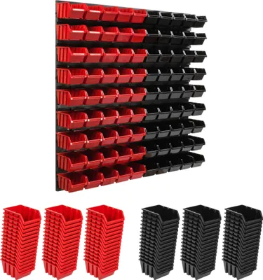 Produktbild von Lagersystem Wandregal 772 x 780 mm | 90 stck. Box | Stapelboxen Schüttenregal Sichtlagerkästen | Extra Starke Wandplatten | Regal Erweiterbar | Werkstattregal Lagerregal Werkstattwandregal Steckregal