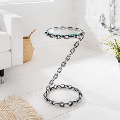 Produktbild von Design Beistelltisch CHAINS 33cm silber handmade Metall rund Glasplatte Kettengestell