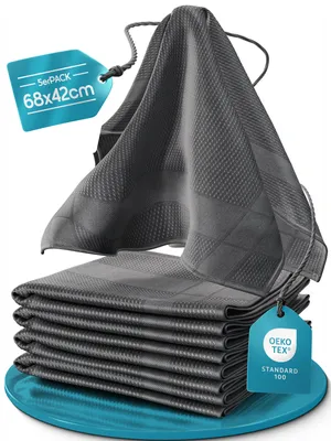 Produktbild von Microfaser Geschirrtücher grau 5 Stück Set, 68x42cm, Hochsaugend & Schnelltrocknend, Streifenfrei, bis 95°C Waschbar, Küchenhandtücher, fusselfrei