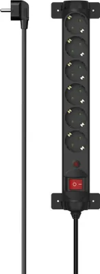 A black power strip with six outlets and a red on/off switch, shown against a white background.