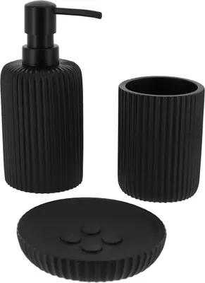 Produktbild von Becherset seifenspender und seifenschale aus gestreiftem polyresin - schwarz - Tendance