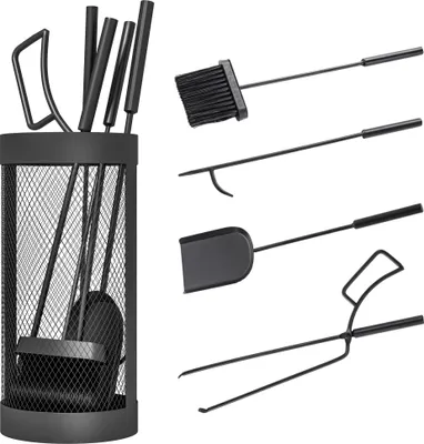 Produktbild von Kaminbesteck Set 5-teilig Kaminzubehör mit Besen – Schaufel – Zange – Schürhaken und Korb – Kamingarnitur – Metall – Schwarz