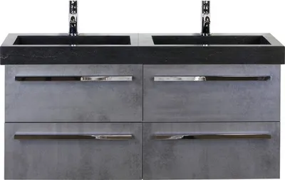 Produktbild von Sanox Badmöbel-Set Seville BxHxT 121 x 58 x 45,5 cm Frontfarbe betonanthrazit mit Doppel-Waschtisch Naturstein schwarz G