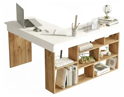Produktbild von Schreibtisch Angete, Mehrzweckschreibtisch, Bürotisch für PC, Eckschreibtisch, 129x120h72 cm, Eiche und Weiß