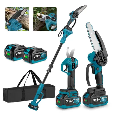A collection of cordless garden tools including a pole saw, a pruning shear, and a chainsaw, along with batteries and a carrying bag, displayed against a white background.