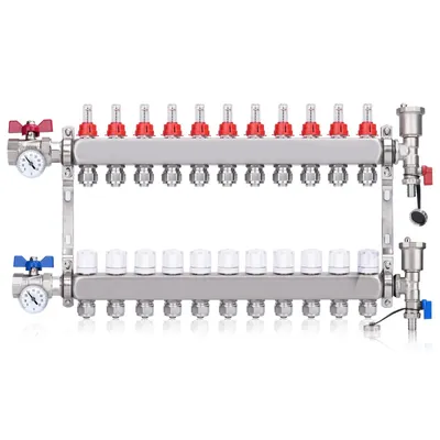 Produktbild von 11 Heizkreise | Heizkreisverteiler mit Eurokonus 3/4 (20 x 2 mm) mit Thermometer, 1" Kugelhähne Manueller Entlüfter Flussmesser Fußbodenheizung HKV