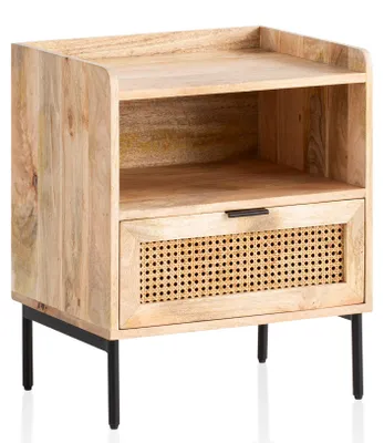 Productafbeelding van WOHNLING nachtkastje Mango massief hout / riet 50x60x40 cm. Bruin nachtkastje, nachtkastje voor boxspringbed met lade, nachtkastje met Weense vlecht