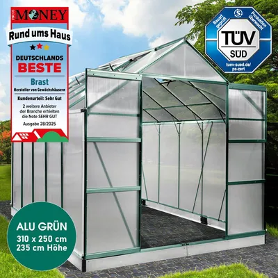 A greenhouse with promotional badges and text overlays.