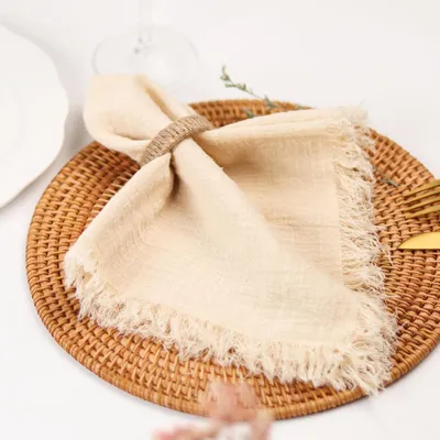 Produktbild von Baumwoll-Leinen Servietten mit Fransen - Set von 4 (Beige)