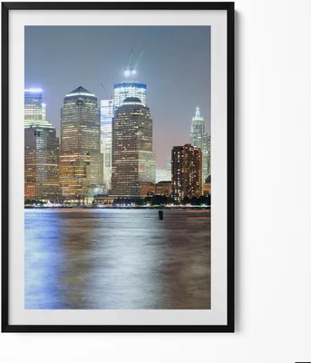 Produktbild von Panorama der Stadt bei Nacht– Wandbild mit Rahmen – Gerahmtes Bild  – Wanddekoration – 70x100 cm –  Schwarz Rahmen